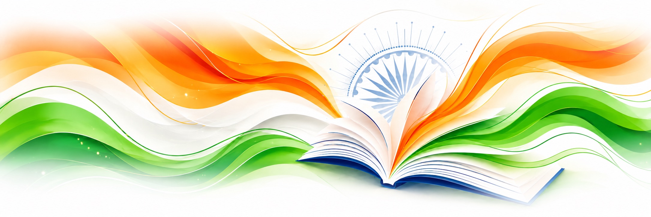 An open book with flowing saffron and green ribbons and a blue Ashoka Chakra on a white background.